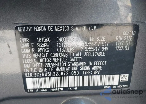 2018 Honda Hr-V Lx z USA, uszkodzony, nr VIN 3CZRU5H32JM721050